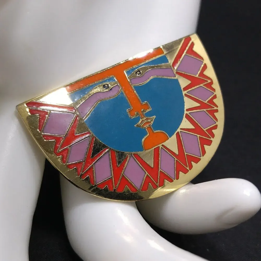 Laurel Burch Sunface Brooch Enamel Gold Cloisonné Face Pin 1980s Vintage